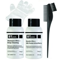 Пробный набор (Шампунь + Кератин + Перчатки + Кисть) для кератинового выпрямления волос Ultra+ BTpeel, 2*50 мл